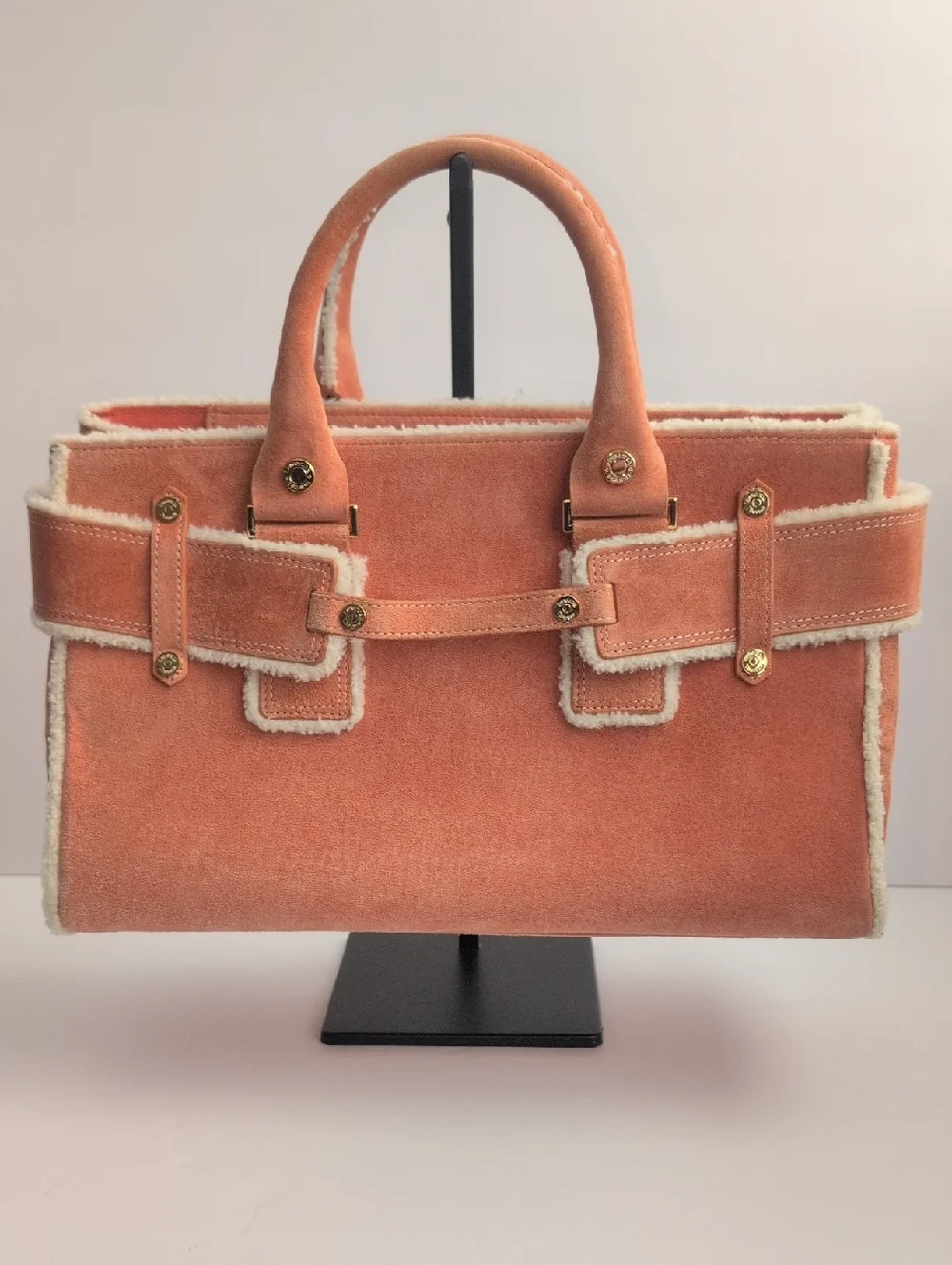 Samantha Thavasa Peach Suede Shearling Trim Handbag